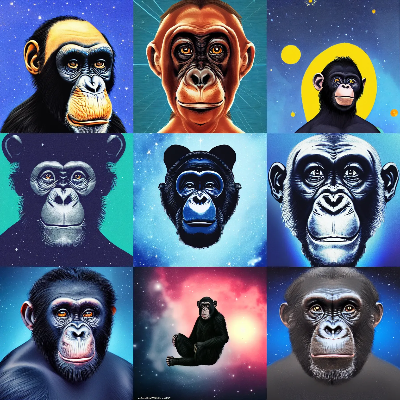Prompt: portrait of chimpanzee in space, stars in the background, dark blue background, trending on artstation