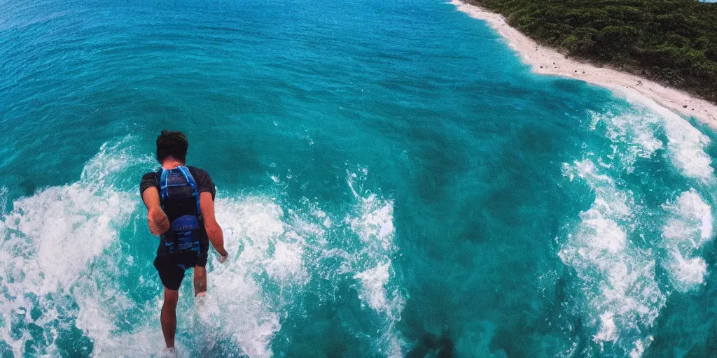 Image similar to gopro footage of a man walking into the ocean, azure blue water, slight grain