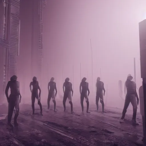 Image similar to illustration of rows of limp humans hanging like clothing in an ice box, rolling fog, cyberpunk, dystopian, dramatic lighting, unreal engine 5