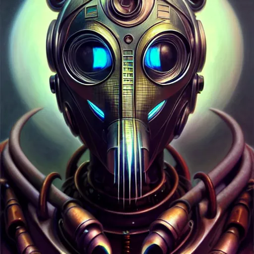 Image similar to front shot of a cyberpunk gazmask robot character, intricate, elegant, highly detailed, centered, digital painting, artstation, concept art, smooth, sharp focus, illustration, artgerm, Tomasz Alen Kopera, Peter Mohrbacher, donato giancola, Joseph Christian Leyendecker, WLOP, Boris Vallejo