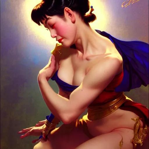 Prompt: of a Chun Li, dark fantasy, medium shot, intricate, elegant, highly detailed, digital painting, volumetric light, artstation, concept art, smooth, sharp focus, illustration, art by Gil Elvgren and Greg Manchess and Alphonse Mucha