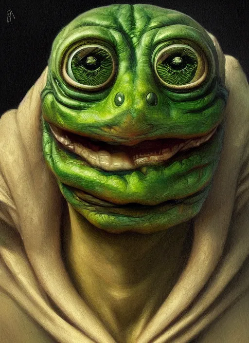 Image similar to 4 chan pepe, kek, sad, portrait, intricate, elegant, highly detailed, digital painting, artstation, concept art, wallpaper, smooth, sharp focus, illustration, art by h. r. giger and artgerm and greg rutkowski and alphonse mucha