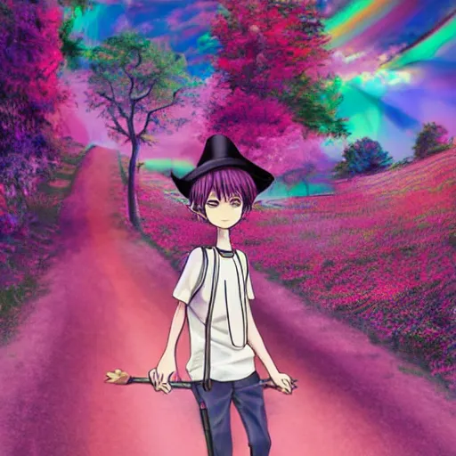 Image similar to a pink skinny anime boy wearing a small satchel and a pink witches hat walking through a psychedelic landscape