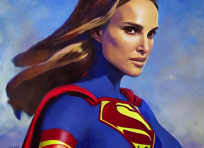 Image similar to a highly detailed beautiful portrait of natalie portman as supergirl, by gregory manchess, james gurney, james jean