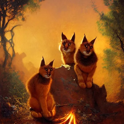 Image similar to three cute caracals wearing red ties with guitar, campfire, night, atmospheric lighting, intricate, volumetric lighting, digital art, highly detailed by gaston bussiere, craig mullins, j. c. leyendecker 8 k