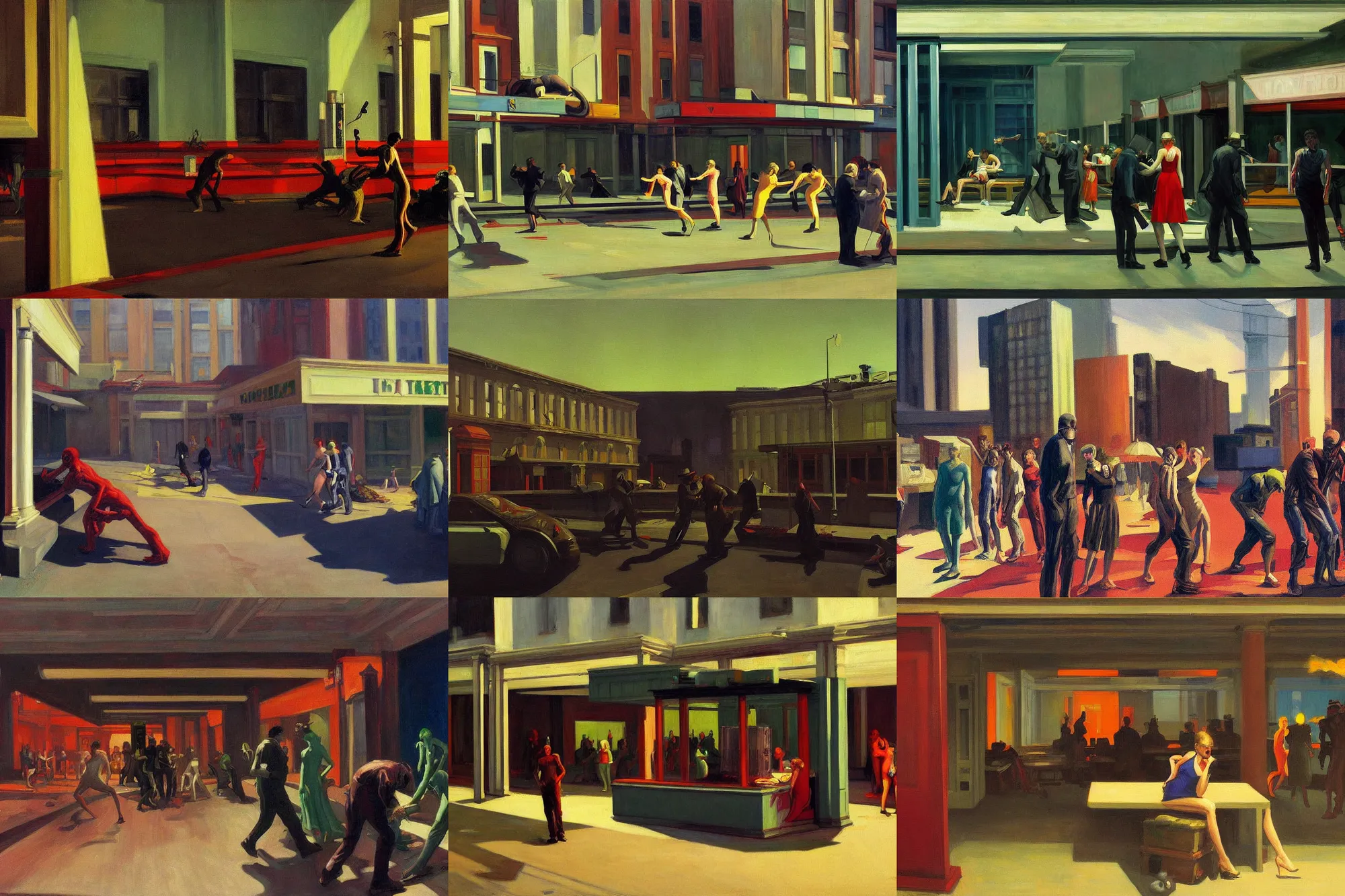 Prompt: A painting of a chaotic cyberpunk zombie apocalypse by Edward Hopper