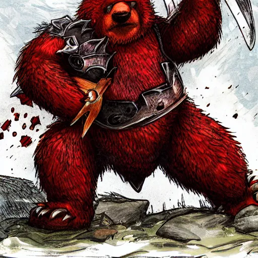 Prompt: angry red bear wearing armor attacking a foe, realistic art style