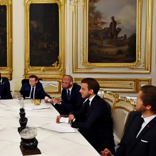 Image similar to Emmanuel Macron having a meeting with antropomorphic reptiles, antropomorphic reptiles, dramatic lighting, photography, masterpiece