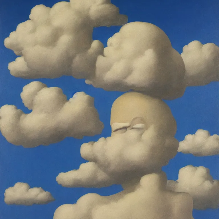 Image similar to cloud - man, by rene magritte, centered, detailed painting, hd, hq, high resolution, high detail, 4 k, 8 k