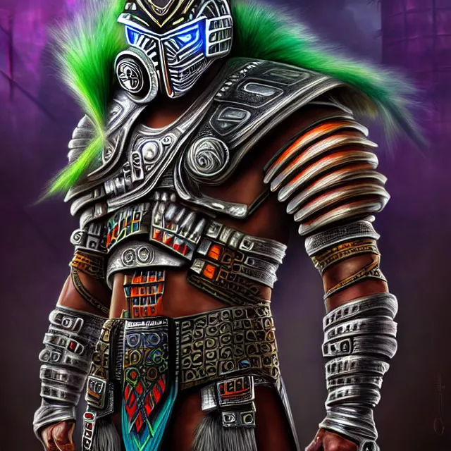 Image similar to futuristic cyber aztec warrior, highly detailed, 4 k, hdr, smooth, sharp focus, high resolution, award - winning photo, illustrated by anne stokes, photorealistic