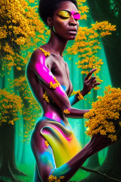 Image similar to hyperrealistic neo - rococo cinematic super expressive! yoruba goddess with exoskeleton armor, merging with tree in a forest, pink yellow flowers, highly detailed digital art masterpiece, smooth etienne sandorfi eric zener dramatic pearlescent soft teal light, ground angle hd 8 k, sharp focus