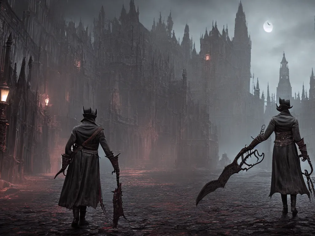 Image similar to bloodborne 2, dark, nighttime, victorian england style, horror, grotesque, serene, haunting, High Definition detail, 8K