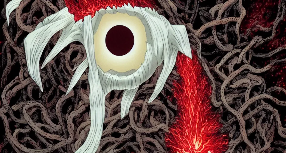 Prompt: a volcano made of ivory vines and crimson rocks enters in eruption, it spits a smoke in the shape of demonic eye, by Hajime Isayama