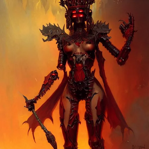 Image similar to attractive demon queen robot with crown and red eyes, painting by gaston bussiere, craig mullins, luis rollo, torso portrait, digital painting, highly detailed, artstation, sharp focus, illustration, concept art, hd