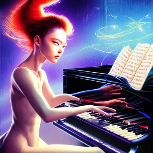 Prompt: a hyperrealistic cyborg playing the piano in a futuristic apartment, award winning art, 8k, highly detailed, sharp focus, cinematic lighting, UHD, in the style of Amano and Ayami Kojima and Karol Bak, art by Mark Brooks and Lisa Frank with vivid colors and crisp details smooth textures