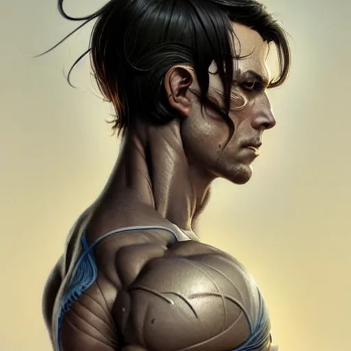 Image similar to cyborg muscular handsome man as aeon flux profile picture by greg rutkowski, long bangs, going gray, dynamic pose, intricate, futuristic, fantasy, elegant, by stanley artgerm lau, greg rutkowski, thomas kindkade, alphonse mucha, loish, norman rockwell,