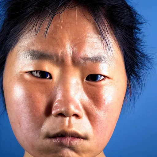 Image similar to a close up photographic portrait of akie kotabe looking worried taken by annie leibowitz. cinematic lighting, blue background colour, 5 0 mm, subsurface scatter.