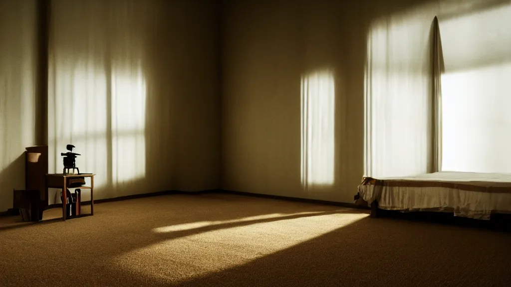 Image similar to a empty room with paintings on a wall, carpet on the floor, window with light coming through, nightstand in a corner, film still from the movie directed by Denis Villeneuve, wide lens