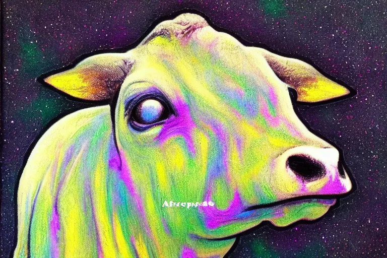 Image similar to ascend portrait of cow, in the style of rick sternbach and mark tedin and alphonse mucha, trending on artstation, soft lights product view crayon art, doge, dark academia, illustrator, impasto