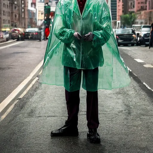 Image similar to The Joker (2019) wearing a transparent raincoat