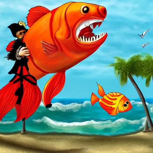 Prompt: a pirate riding a giant goldfish, high quality photo