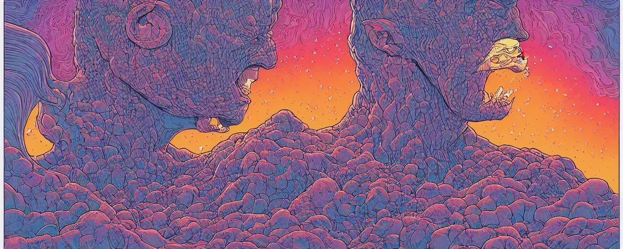 Image similar to portrait of head melting into another one, lava, by josan gonzales and Dan Mumford