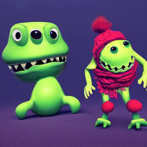 Prompt: a friendly monster wearing a scarf and a pair of vans, 3 d render
