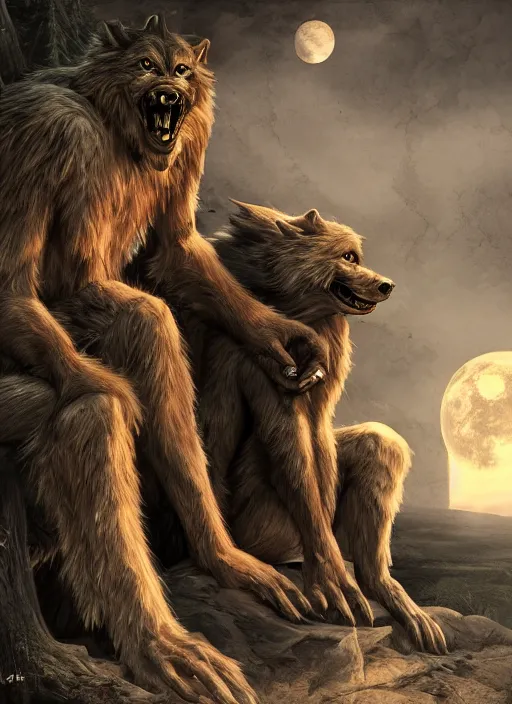 Prompt: a werewolf at night sitting next to a human child, fantasy art, matte painting, highly detailed