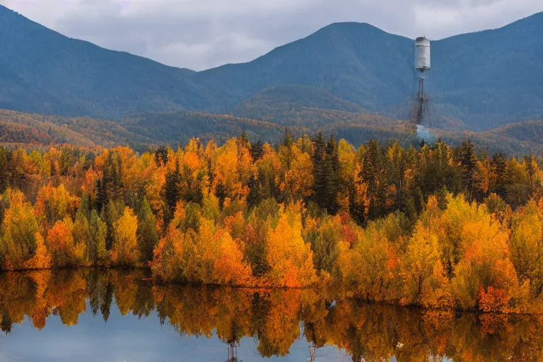 Image similar to a mountain with a radio tower next to a pond, autumn hills in background. telephoto lens photography.