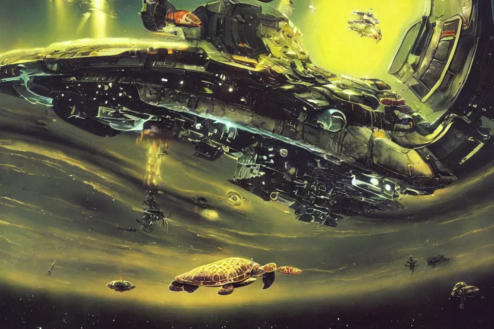 Image similar to an epic chris foss painting of a turtle spaceship orbiting an alien planet