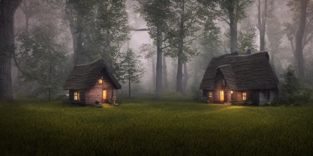 Image similar to lone cottage in the woods, 8k, fantasy, photorealistic, dramatic lighting