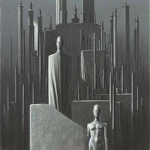 Image similar to a dystopian surreal painting of statues and buildings by zdzisław beksinski