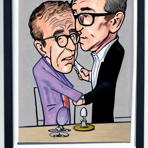 Prompt: caricature illustration of woody allen french - kissing a giant silver spoon