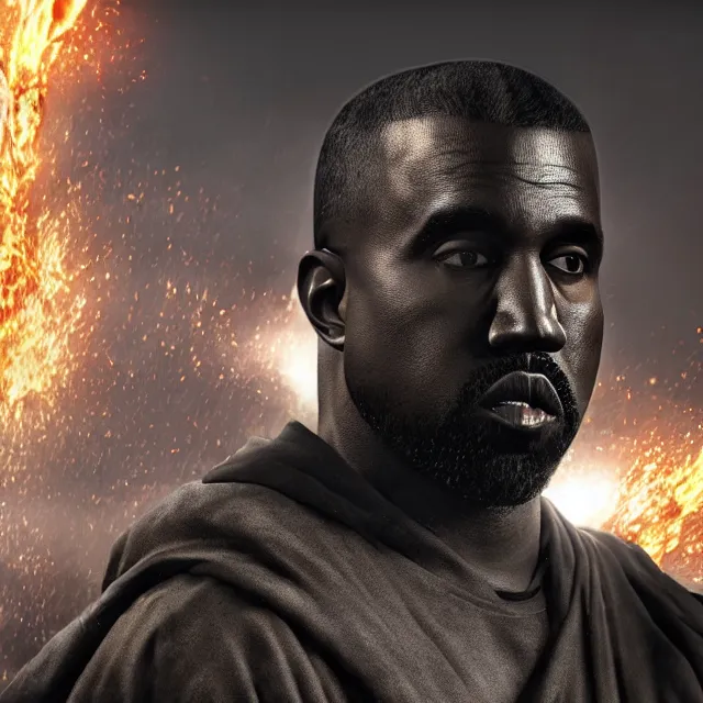 Image similar to yeezus era kanye reimagined as a boss in dark souls, dark cinematic, volumetric, realistic, cinematic lighting, ray tracing, unreal engine 5, unreal engine render, octane render, hyper realistic, photo, 8 k