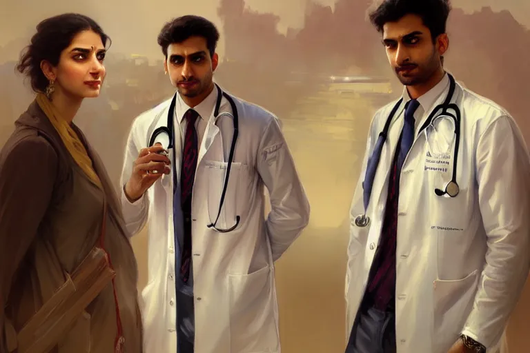 Image similar to Anxious good looking pale young Indian doctors wearing American clothes at the airport, portrait, elegant, intricate, digital painting, artstation, concept art, smooth, sharp focus, illustration, art by artgerm and greg rutkowski and alphonse mucha