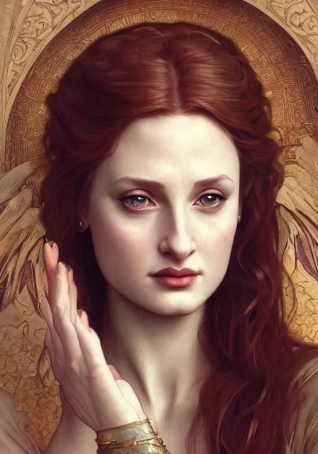 Prompt: sansa angeline jolie gessica chastain old mummy, intricate, elegant, highly detailed, digital painting, artstation, concept art, smooth, sharp focus, illustration, art by artgerm and greg rutkowski and alphonse mucha and william - adolphe bouguereau