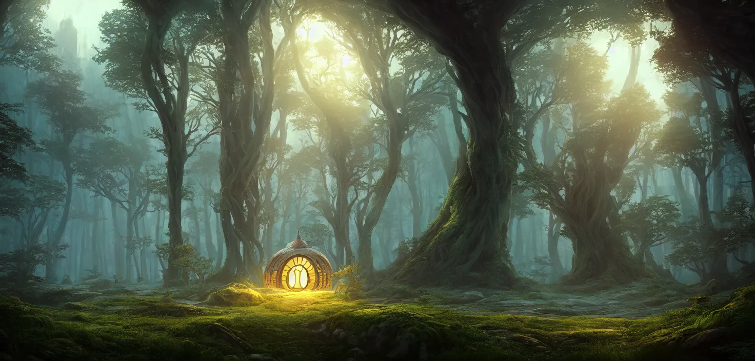 Image similar to random mystic forest huge house landscape, big round glowing magic portal house, central symmetrical composition, incredible, vector art, octane render, fabulous, hyper detailed, random cinematic view, no noise, global illumination, warm lighting, volumetric, godrays, vivid, beautiful, by jordan grimmer