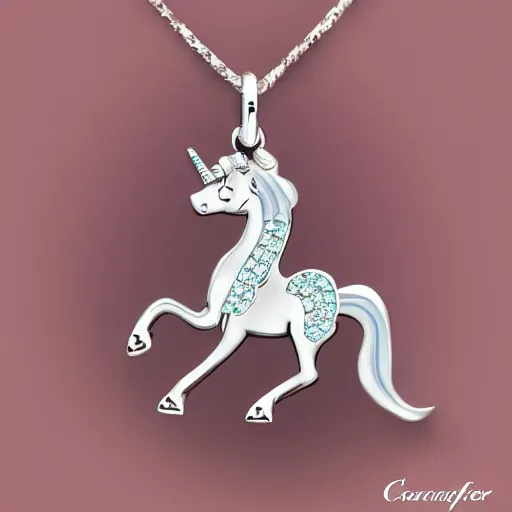 Image similar to a lovely silver cartoon unicorn necklace pendant, pandora style, tiffany style, swarovski style, van cleef & arpels style, cartier style, boucheron style, bulgari style, chaumet style, elegant, noble, stylish