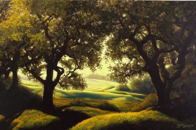 Image similar to masterpiece painting of oak trees on a hillside overlooking a creek, dramatic lighting, by gunnar widforss