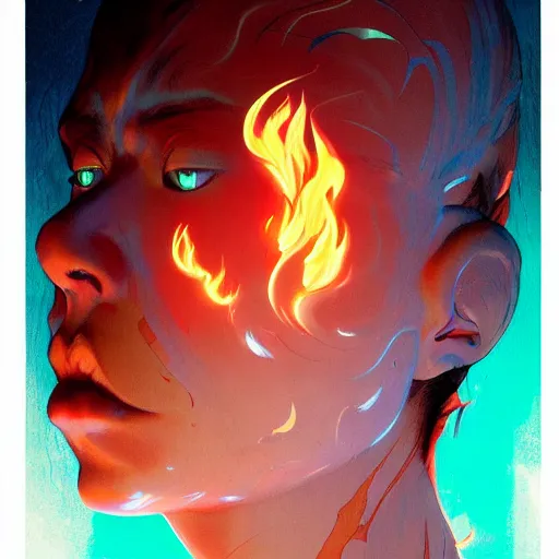 Image similar to prompt : flames portrait soft light painted by james jean and katsuhiro otomo and erik jones, inspired by evangeleon anime, smooth face feature, intricate oil painting, high detail illustration, sharp high detail, manga and anime 1 9 9 9