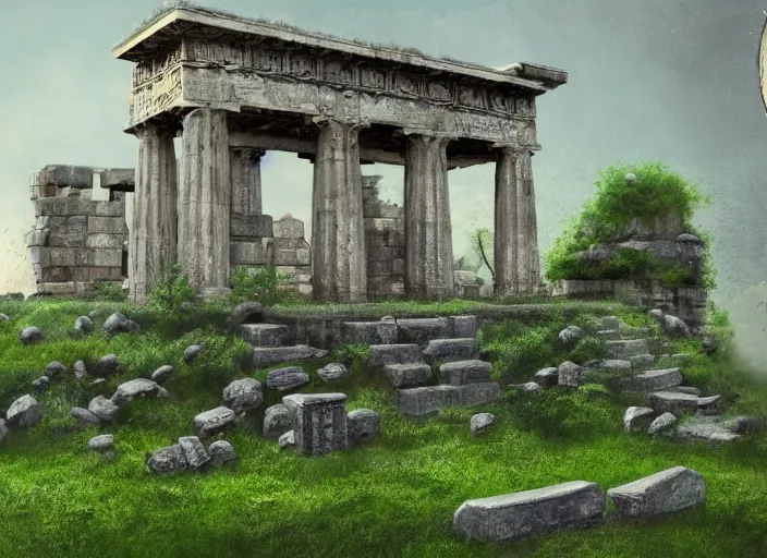 Image similar to A detailed illustration of Temple of Hephaistos, overgrown with moss, 4k, immaculate scale, trending on Artstation