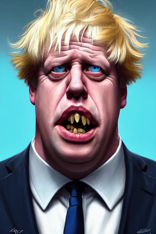 Prompt: Boris Johnson as a Simpsons character, realistic portrait, symmetrical, highly detailed, digital painting, artstation, concept art, smooth, sharp focus, illustration, cinematic lighting, art by artgerm and greg rutkowski and alphonse mucha