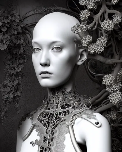 Image similar to monochrome 3 d model, 1 8 9 0 picture, silver lace floral steampunk biomechanical beautiful young female cyborg with porcelain profile face and a techno eye, volumetric light, leaves foliage and stems, hibiscus flowers, sinuous fine roots, fine foliage lace, alexander mcqueen, rim light, big gothic fashion pearl embroidered collar, octane render, 8 k