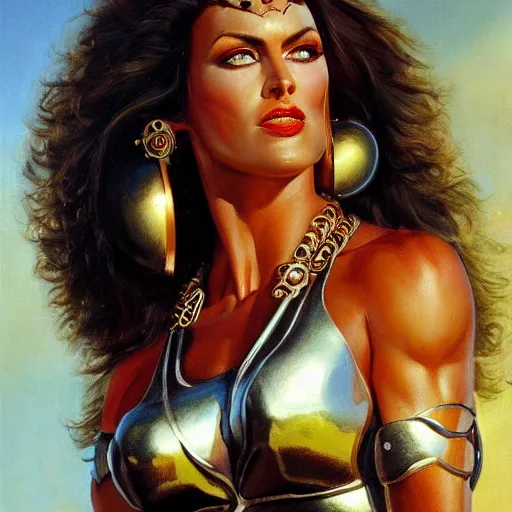 Image similar to detailed oil painting of tall hyper - muscular shining bronze - skinned warrior woman with silver eyes, wearing xena armor, full body, with long wavy flowing black hair and big gold earrings, jewelry, red lipstick, makeup, feminine, volumetric lighting, dynamic composition, art by boris vallejo, heavy metal magazine