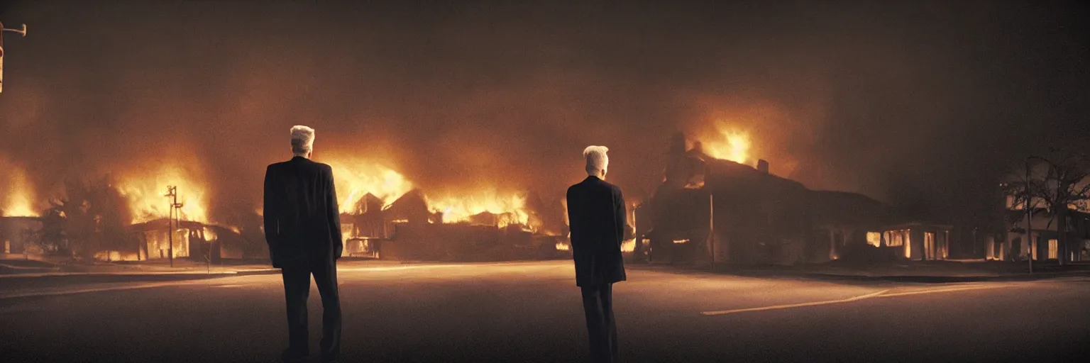 Image similar to medium format photo, cinema still from david lynch movie, sleazy man watching night streets while a single house burns in the background of suburbia, haze, americana, high production value, intricate details, 8 k resolution, hyperrealistic, hdr, photorealistic, high definition, high details, tehnicolor, award - winning photography, masterpiece, amazing colors