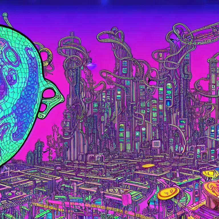 Prompt: a detailed digital art of glades made of industrial raves, buildings and devices in the style of lisa frank and moebius, giger, ornate, beautiful, award-winning art, artstation