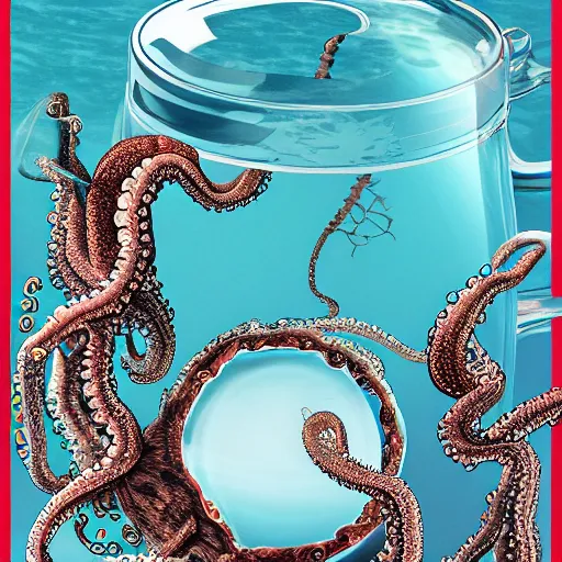 Image similar to a clear teapot with an ocean inside with octopus, sea monsters, fish, coral, and seaweed, highly detailed, 8 k, trending on artstation, award - winning art,