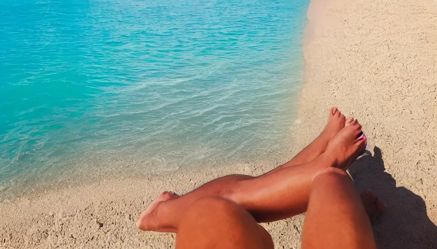 Prompt: first person view from a man lounging on a beautiful tropical beach with a stunning turquoise ocean in the background. his legs stretch out in front of the camera, photorealistic