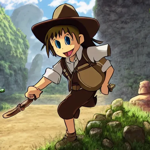 Image similar to Indiana Jones running away from boulder trap, boulder chase, stone temple background, giant round stone chasing Indian Jones, raiders of the lost ark, made in abyss anime style