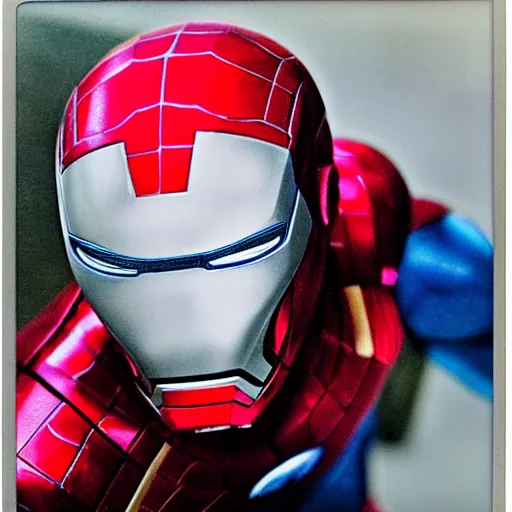 Image similar to a single iron man and spider - man hybrid, dslr, polaroid